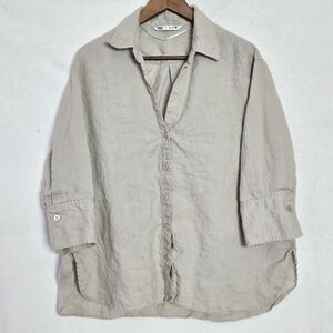 Zara Top Womens Large Beige Tan Button Up 3/4 Sleeve Beach Coastal 100% Linen